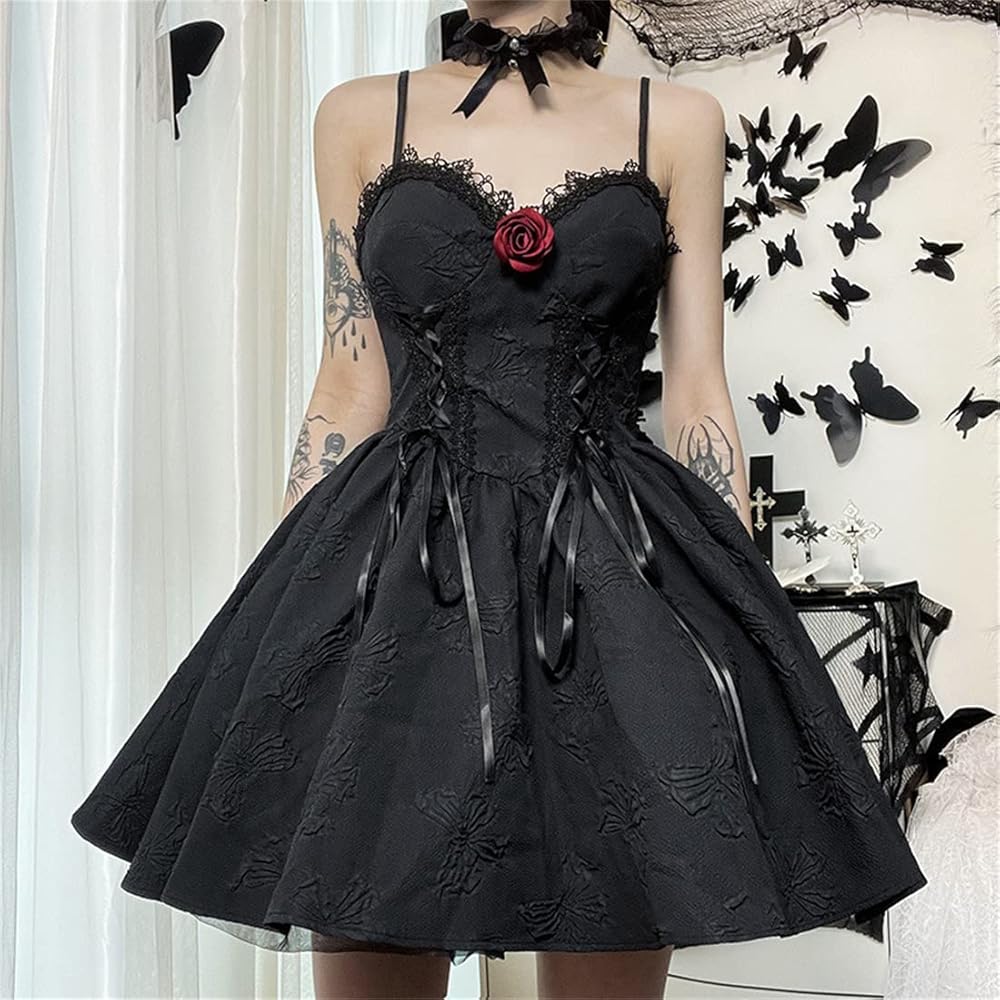 Amazon.com: Women Goth Spaghetti Strap Mini Dress Print Rose